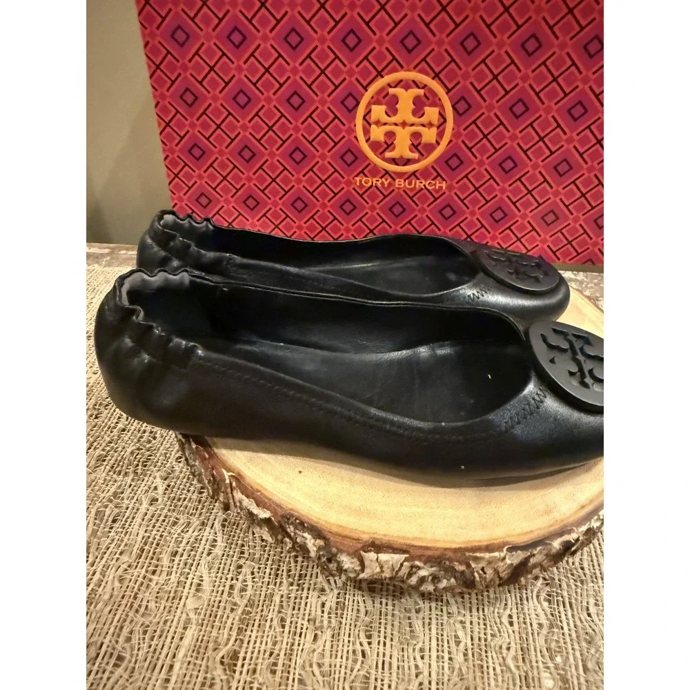 Tory Burch Minnie Travel Matte Black Leather Round Toe Ballet Flats Size 6.5